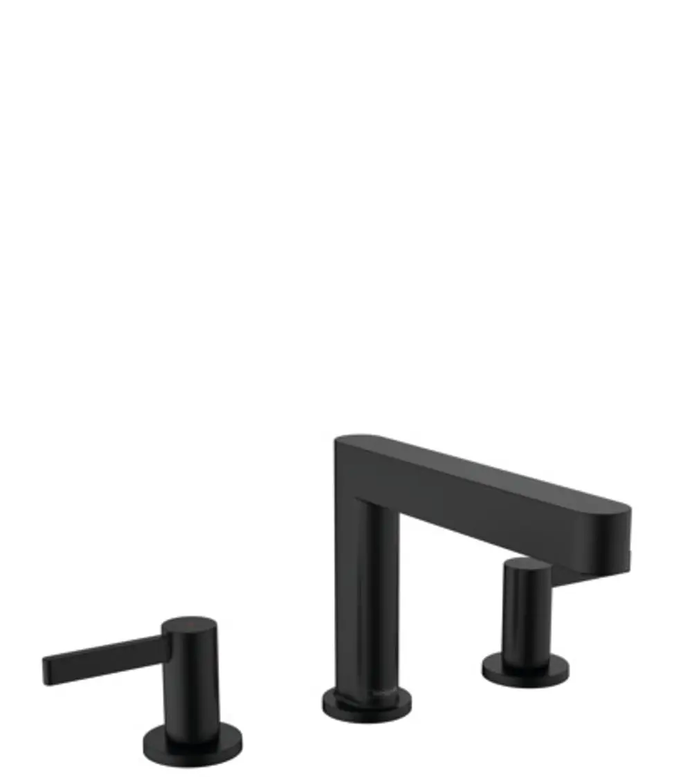 Schwarze 3-Loch Waschtischarmatur von Hansgrohe mit einem langen Auslauf und zwei drehbaren Griffen. Die Armatur hat eine moderne, klare Form und ist mit einer Push-Open Ablaufgarnitur ausgestattet.